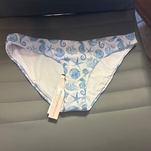 Aqua White Bikini Bottoms with Light Blue Seashell Print